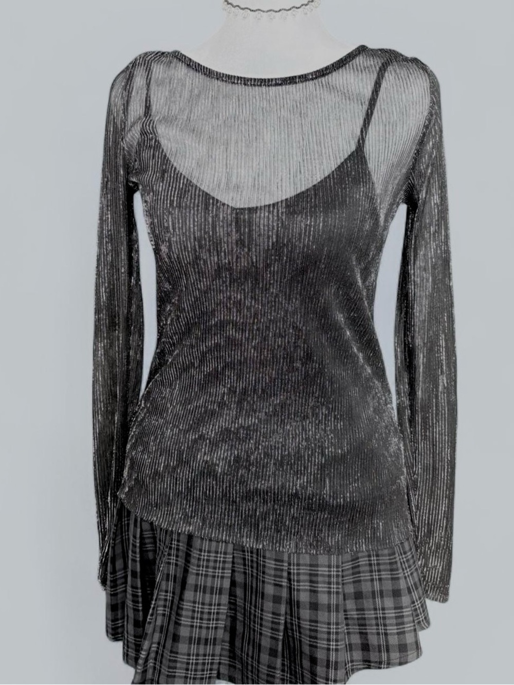 Mesh Sheer Long-Sleeve Metallic Black Top